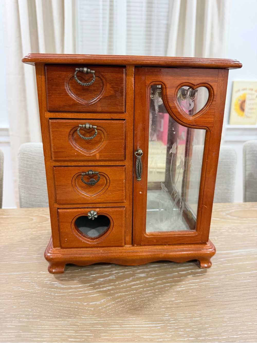 Vintage Wooden Jewelry Box With Heart Motif Glass Door and Velvet Storage drawer